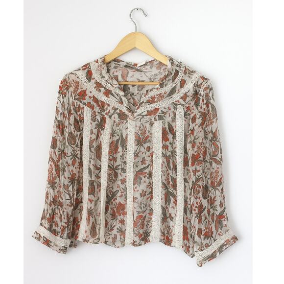 Anthropologie Feather Bone Elena Floral Print Lace Sheer Blouse Cream/Red 8 - Picture 1 of 12